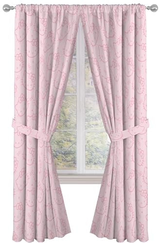 Jay Franco Lot de 2 rideaux de fenêtre pour chambre à coucher avec 2 embrasses, rose – Hello Kitty, 106,7 cm de large x 213,4 cm de long
