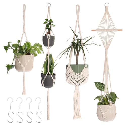 Pynzeka 4 Pièces Suspension Macramé pour Plante Macramé Plante Suspension Tissés à La Main pour Décoration de la Maison Jardinage