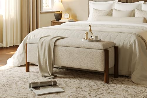 Quenvo Modern Storage Benches with Walnut Wood Legs 47 Ottoman Bench with 20 Gallons Storage Space for Bedroom End of Bed Fabric Upholstered Entryway Bench with Seating for Livingroom Beige