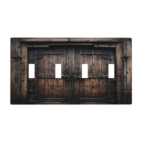 Decorative Light Switch Cover Plate Retro Brown Wood Barn Door Vintage Farmhouse 4 Gang Wall Plate Oversized Quad Toggle Switch Cover Plate Jumbo Faceplate