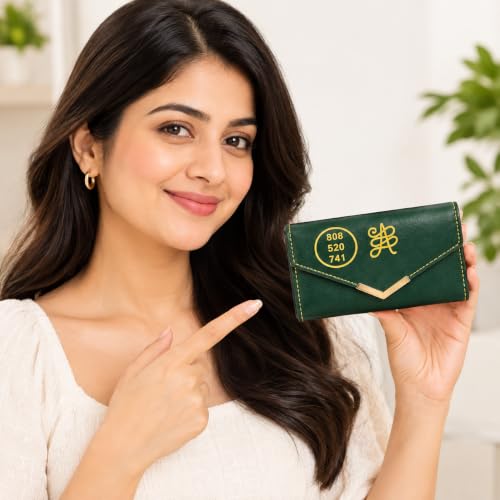 Image of Dark Green Artificial Leather Wallet for Women with Golden Engraved Zibu Symbol & Angelic Numbers | RFID Ladies Purse | Zip Around Card Holder | Stylish Clutch Wallet for Daily Use & Gift