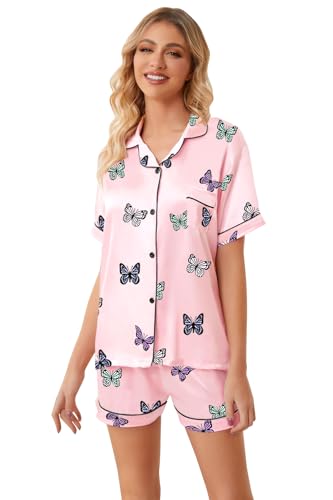 Image of Umeyda Women & Girls Pajamas Set, 2 Piece PJS Satin Silk Sleepwear Button-Down Top with Shorts for Mom Kids Gifts