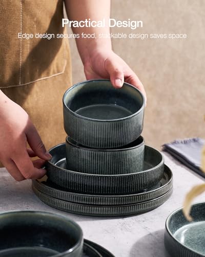 Image of Famiware Star 16-Piece Stoneware Dinnerware Sets, Service for 4 - Shallow Pasta Bowls & Flat Plates, Modern Rustic Reactive Glaze Dishes, Chip /Scratch Resistant, Microwave /Dishwasher Safe, Deep Forest