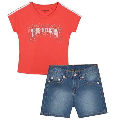 Image of True Religion Girls Jeans Shorts Set Girls Denim Short and Fashion Tee Shirt Clothing Set for Kids