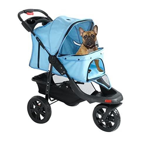 LONABR Folding Dog Stroller Travel Cage Stroller for Pet Cat Kitten Puppy Carriages - Large 3 Wheels Elite Jogger - Single or Multiple Pets (Blue - 1 cage) Cover