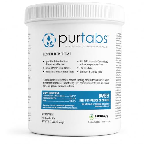 PurTabs Disinfectant Tablets NSF D2 Certified Food Safe Hypochlorous Acid Commercial Kitchen & Surface Sanitizer Kills Norovirus & C. Diff Spores EPA Registered 200 Count
