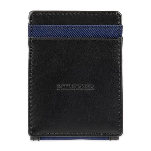 Tommy Hilfiger Men's RFID Classic Stripe Fabric Inlay Leather Wallet-Passcase, Trifold and Magnetic Front Pocket