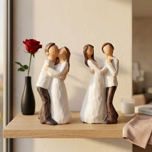 Image of Xtore Hand-Painted Small Size Romantic Couple Statues | Beautiful Resin Home Decor (Pack of 2, White and Brown Color)
