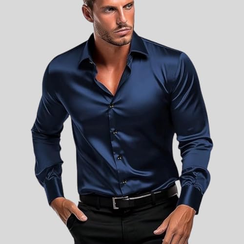 Image of IndoPrimo Men's Satin Shirt with Spread Collar Neck Line Solid Pattern Full Sleeves Regular Fit Western Style and Standard Length