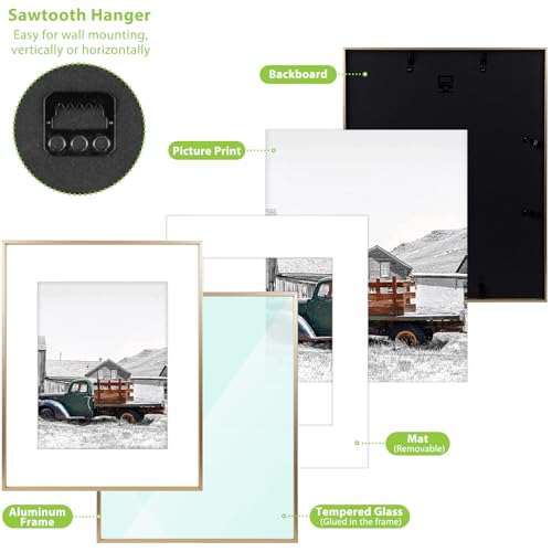 Golden State Art, 16x20 Gold Picture Frame Displays Photo 11x14 with Mat or 16 x 20 Without Mat for Wall Mounting, Classic Satin Aluminum Frames with Real Glass (Pack of 1)