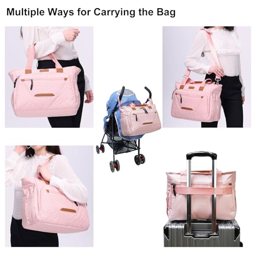 Image of FHELAD Diaper Bag Tote for Women, Baby Diaper Bag 16L (Pink) | 5 Insulated Pockets, Stroller Clip, 15.6 Inch Laptop Compartment, Detachable Shoulder Strap