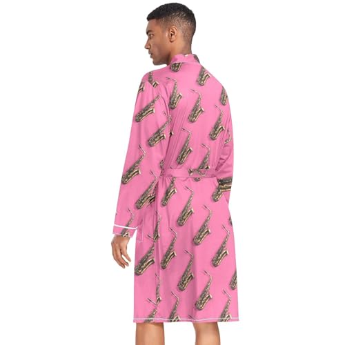 Men’s Robe Pattern Saxophone Print, Long Sleeve Bathrobe for Sleep Shower-M4
