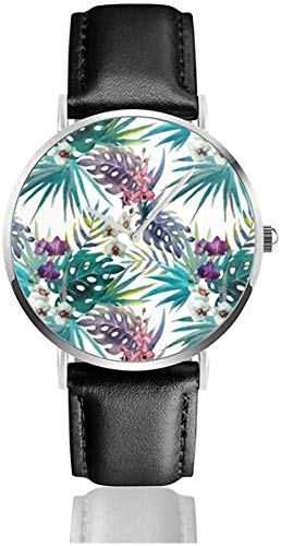 Topical Hawaii Watercolor Orchid Flowers Pineapple Black Quartz Movement Stainless Steel Leather Strap Watches Casual Fashion Wrist Watches