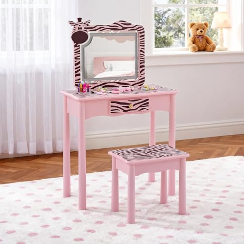 Image of Vanity Set,ShyneeMakeup Dressing Vanity Set Wooden Princess Makeup Table with Cushioned Stool,Drawer,Wooden Legs and Mirror, Make Up Dressing Play Set for Girls (Pink Zebra)