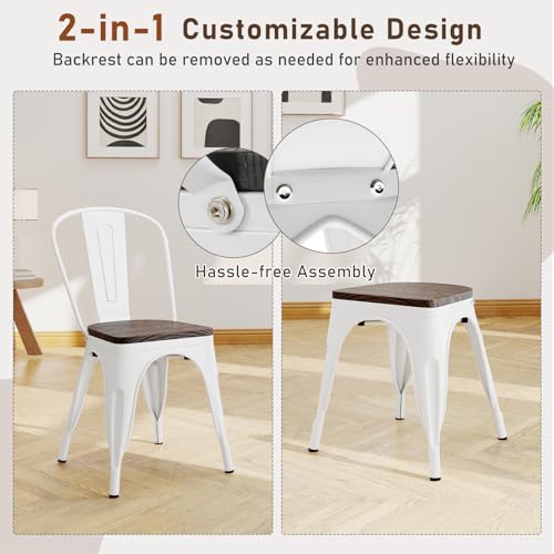 Image of COSTWAY Stackable Metal Dining Chairs Set of 4 with Wood Seat and High Back | White, Industrial Vintage Style, Elm Wood Seat Board, 18 Inch, for Dining Room, Kitchen, Bar, Cafe, Bistro, Restaurant