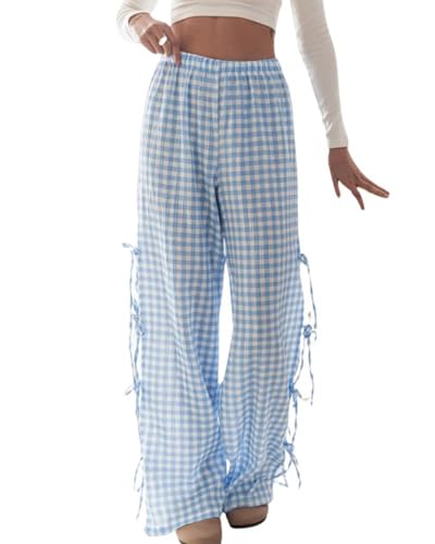 Image of codcm Womens Gingham Striped Wide Leg Pants Y2k Lounge Pants Lace Up Loose Trousers