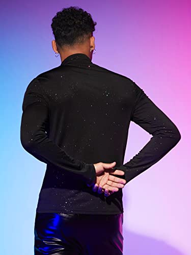 WDIRARA Men's Mock Neck Long Sleeve Party Dance Club Glitter Fitted Top Tshirt2