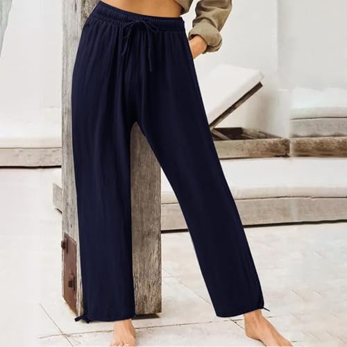 Women's Elastic High Waisted Linen Pants Drawstring Wide Leg Palazzo Pant Comfy Lounge Beach Trousers with Pocket2