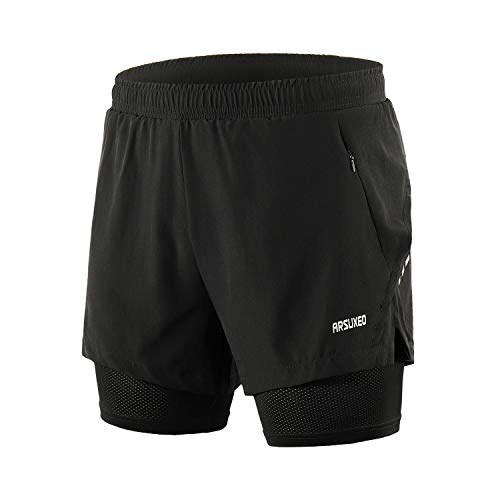 2 inch split shorts - ARSUXEO Men's 2 in 1 Running Shorts Breathable Zipper Pocket B202 Black Size Medium