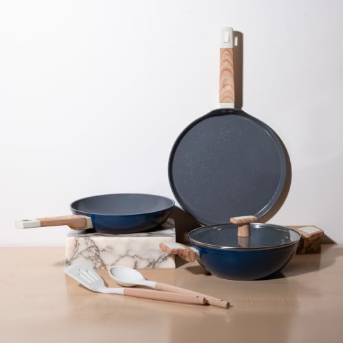 Image of Kreme Ceracook Ceramic Coated Granite 6 Pc Cookware Set, Frying Pan, Kadai, Tawa, 2X Spatulas, ISI Certified, Forged Aluminium, Gas & Induction, PFAS & PTFE Free, 1 Yr Warranty, Ocean Deep Blue