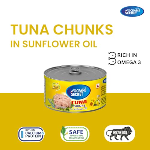 Image of Oceans Secret Tuna Chunks in SunflowerOil 180gm Pack of 1 Canned Tuna Fish Balanced Nutrition, Heart Healthy, in Sunflower Oil, Premium Cuts Ready to Eat
