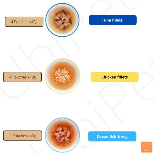 UbiPet Classic Sheba Soup Bundle Includes Tuna , Chicken, Ocean Fish and Vegetables Flavours (Total 4x3 pouches x40g) with Salmon in Jelly (1x85g) and a Pet Health Guide Card