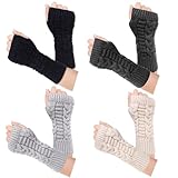 Loritta Womens Fingerless Gloves Winter Warm Knit Crochet Thumbhole Arm Warmers,A1-beige/Light Grey/Dark Grey/Black(4 pairs)