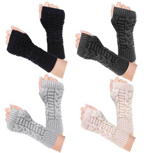 Loritta CLT-046-7 Womens Fingerless Gloves Winter Warm Knit Crochet Thumbhole Arm Warmers,A1-Beige/Light Grey/Dark Grey/Black cover