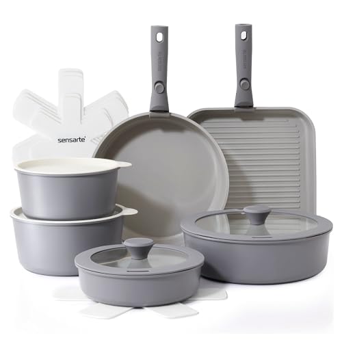 SENSARTE Set de Casseroles et Poêles 17 Pièces - Revêtement Céramique Antiadhésif - Batterie de Cuisine pour Induction/Gaz, Poignées Amovibles, Empilable...
