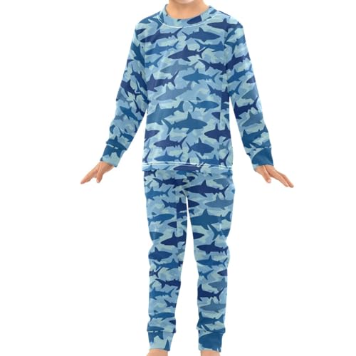 Pigsaly Pajama Set 2 Piece Blue White Sharks Fish Pajama Sets Long Sleeve Pjs Sleepwear 6Y3