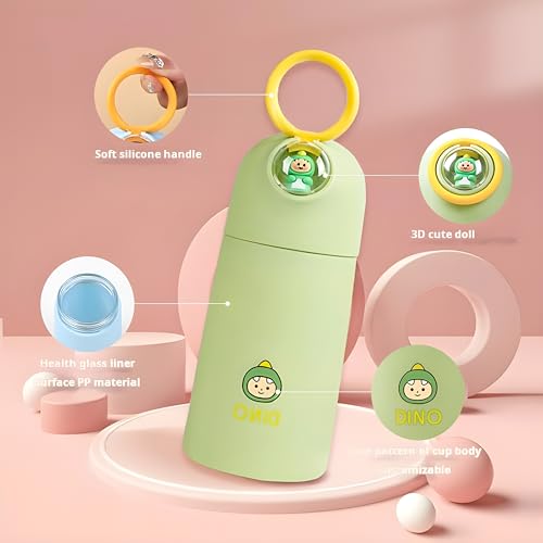 Image of Barebeauty Creative Cartoon Printed Glass Water Bottle for Boys & Girls | Double Layer Inner Glass Outer Plastic | Cute Animal Design Leak-Proof Insulated Flask for Kids 360 ML