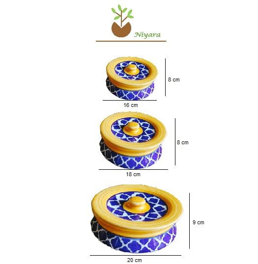 Image of Niyara Stoneware Handmade Ceramic Handpainted Multipurpose Storage Ceramic Casserole Jars & Containers With Lid Microwave Dishwasher Safe Kitchen Storage /Serving Snacks Dish Set Of 3,Moroccan Yellow