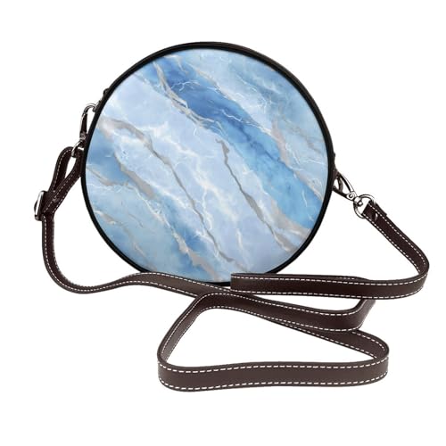 Blue Marble Pattern Grey Veining Women Round Crossbody Bags Leather Sling Bag Purse
