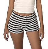 UAURORAO Women Y2k Striped Knitted Shorts Low Waist Color Block Lounge Shorts Strechy Going Out Micro Shorts Loungewear(Striped Black,Medium)