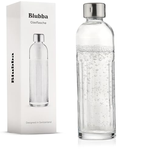 Blubba Glasflasche für Wassersprudler Air, spülmaschinenfest, geschmacksneutral, mit Verschluss aus Edelstahl, schmal und elegant