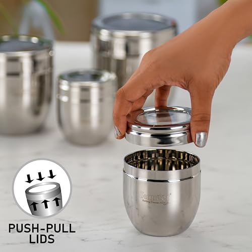 Image of Sumeet Stainless Steel Conical Shape Canisters /Dabba /Storage Containers for Kitchen with See Through Lid, Set of 4 Pcs, 250ml Each, 7cm Dia, Silver