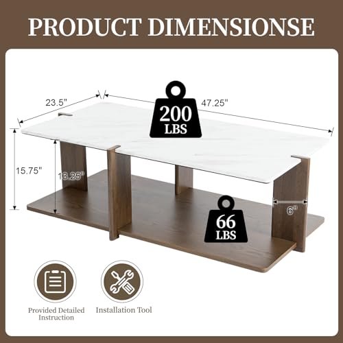 Image of HNY 50 inch Modern Open Frame Coffee Table with Storage, Solid Wood Center Table with Marble (Super Matte) Top, Hollow Visual Display Space for Home, Office, Living Room, Hotel Lobby,Waiting Area, Walnut