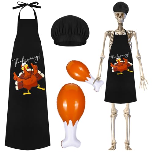 Geyoga 3 Pcs Thanksgiving 12 ft Skeleton Outfits Costume Accessories 24 Inch Inflatable Turkey Leg Cooking Hat Apron(Vibrant Patterns)
