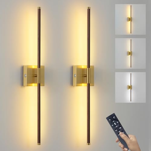 Image of 15800 mAh Battery Operated Wall Sconces with Remote Control Dimmable Battery Powered Cordless Rechargeable Wall Sconces Set of Two 3000K LED Walnut Wood and Brass Gold Wireless Wall Light for Bedroom