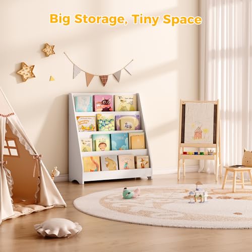 Image of Tatub 4 Tier Kids Wooden Bookshelf, Toddler Sling Bookcase Montessori Bookshelf, Children Front Facing Book Shelf for Nursery, Playroom and Classroom, White