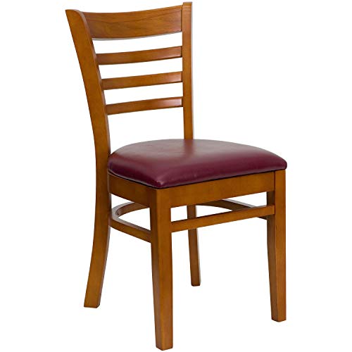 Image of Flash Furniture HERCULES Series Ladder Back Cherry Wood Restaurant Chair - Burgundy Vinyl Seat
