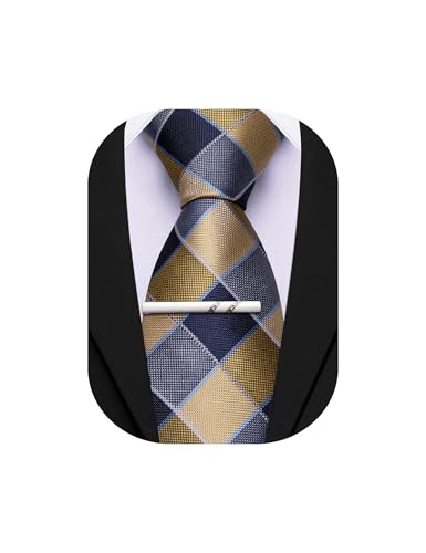 Image of Barry.Wang Plaid Ties Mens Silk Necktie and Tie Clip Checkered Tie for Wedding Party Business Formal