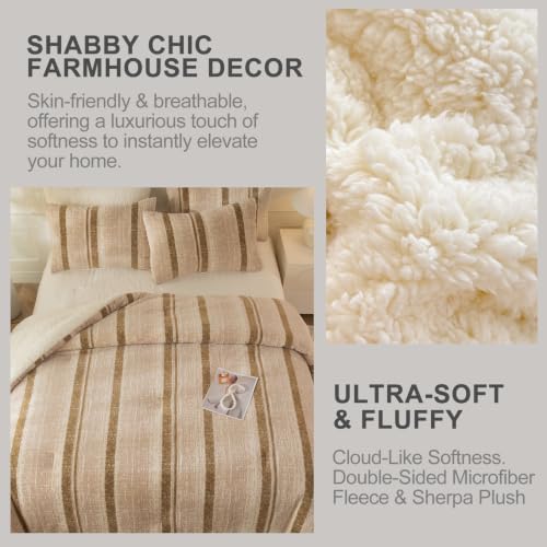 Image of Tufted Fleece Comforter Set King- Super Soft Warm Fluffy Shaggy Bedding Sets, Striped Jacquard Bed Set for Winter, 1 Sherpa Comforter with 2 Pillow Cases (104 inchX90 inch Khaki Striped)