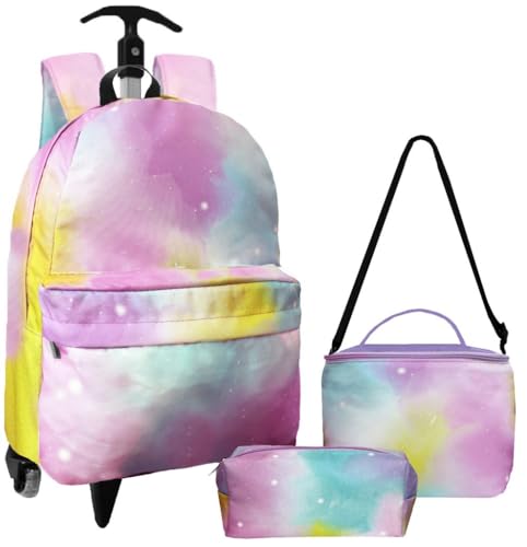 Mochila Escolar de Rodinha Menina Infantil Juvenil Escolar Tie Dye Colorida Lancheira Estojo Costas