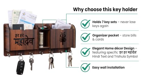 Image of Wall Mount Key Holder & Mail Organizer | Laser-Cut Key Hanger with 7 Metal Hooks, Letter Rack & Pen Stand | Wooden Wall Decor for Entryway, Living Room, Home & Office (Har Har)
