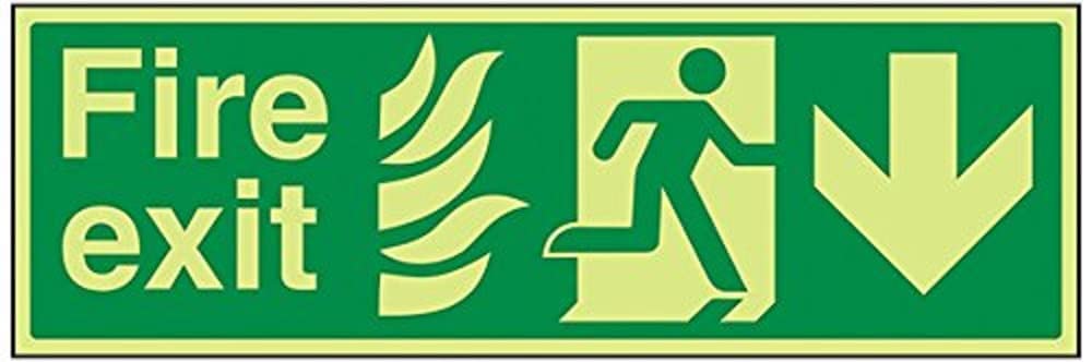V Safety Glow In The Dark NHS Fire Exit Arrow Down Sign - 450mm x 150mm - Rigid Plastic