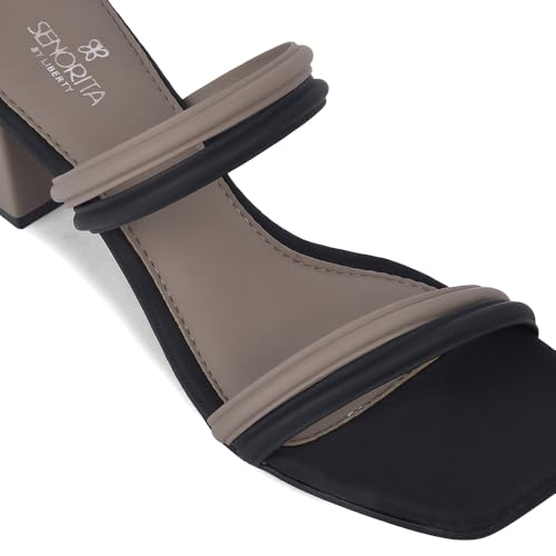 Image of Liberty Senorita STY-162E Heels for Women - Beige Block Heel Slip-On Sandals | Soft Cushioned Footbed, Lightweight Fashion Footwear for Festive, Party, Wedding, Ethnic, College