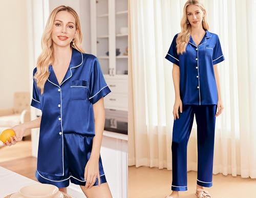 Ekouaer Silk Pajamas for Women Set Satin Pjs Soft Short Sleeve Button Down Sleepwear 3 Piece Loungewear S-XXL4