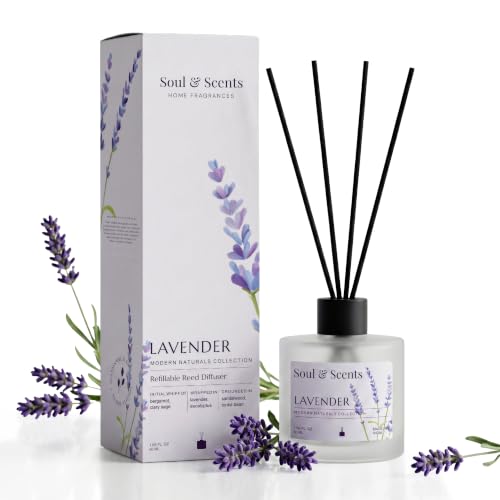 Image of Soul & Scents 50ml Lavender Reed Diffuser Set | Blend of Rosemary and Vanilla | Get 5 Rattan Reed Sticks | Smoke Less Room Freshener for Home, Bedroom, Living Room & Office