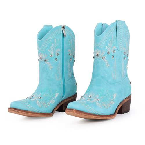 Image of Rhinestone Ankle Cowboy Boots for Women Embroidered Short Cowgirl Boots with Low Heel Side Zipper Comfortable Chunky Heel Western Booties for Prom Party Wedding Pull On Shoes
